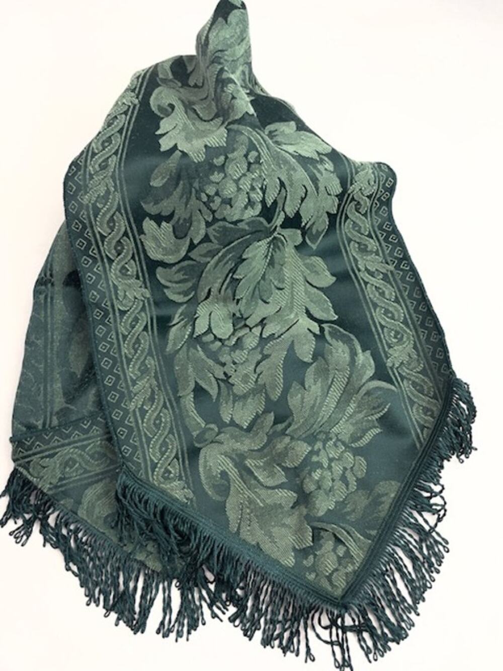 Vintage Green Damask Brocade Table Runner Fringe Acanthus Leaf 13x23 Floral